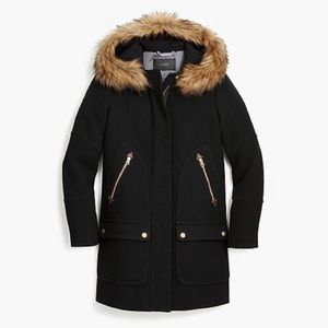 JCrew Black Stadium Cloth Wool Parka w/ Fur hood